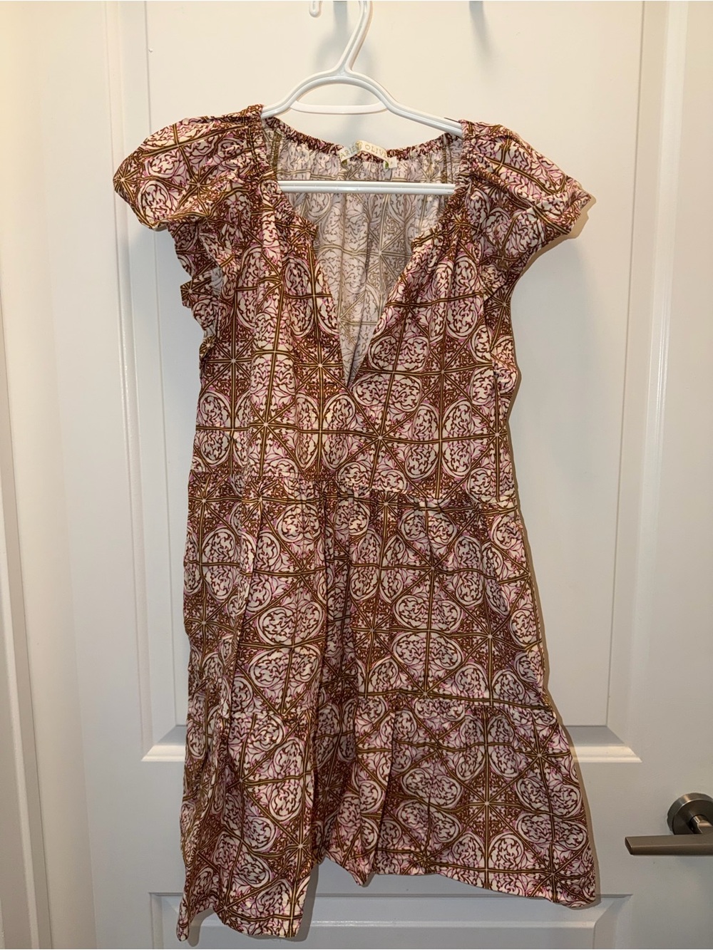 Marie Oliver Pink and Brown Printed V-Neck Mini Dress